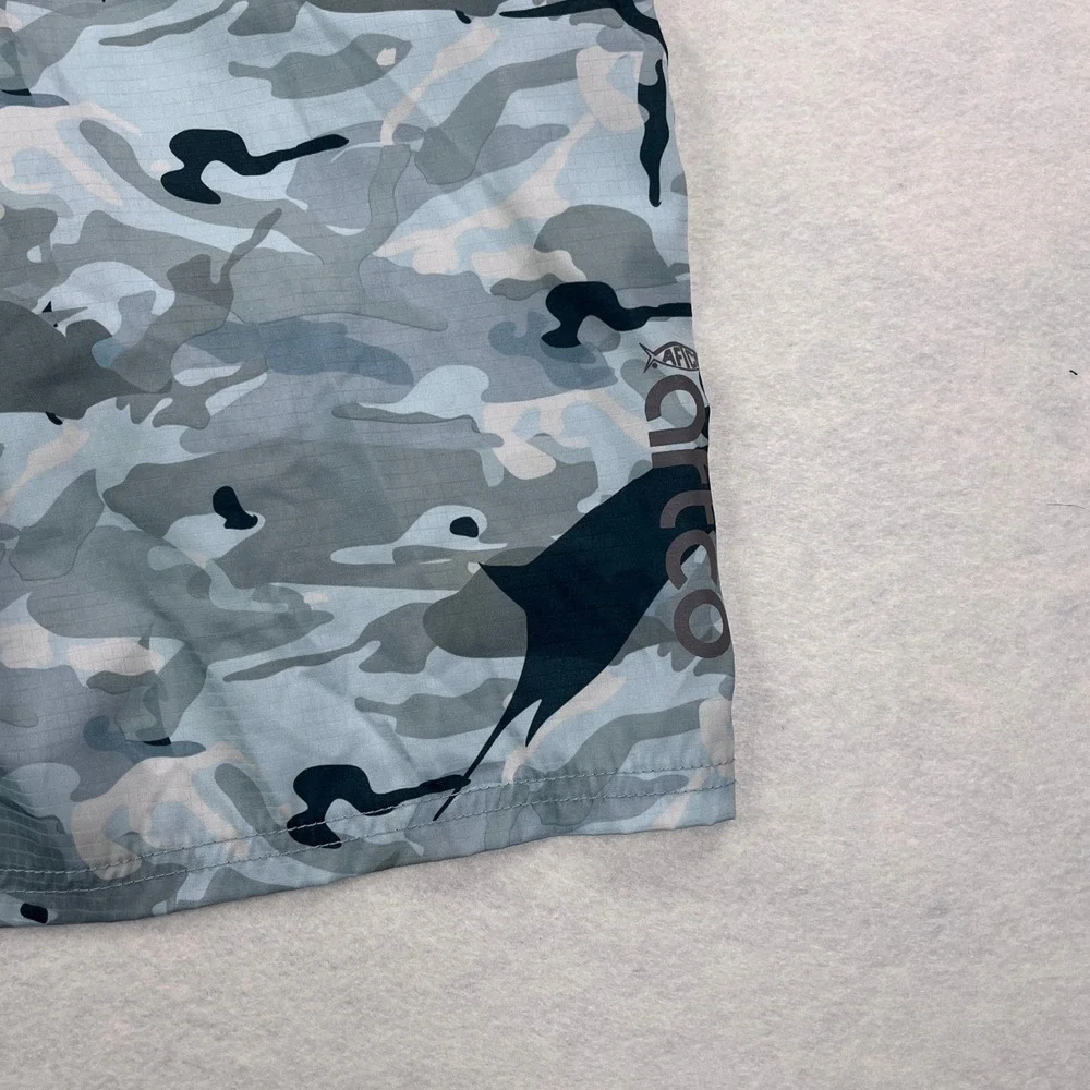 AFTCO Mens Blue Camo Marlin Print Fishing Shorts Size 36 Lightweight Cargo